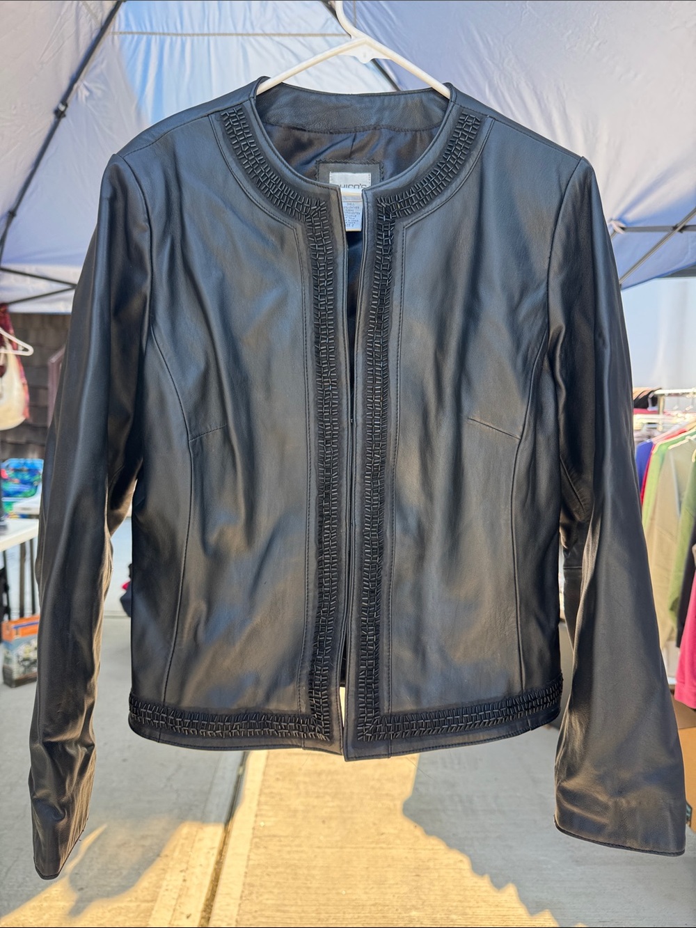 Black Women's Genuine Butter Soft Leather Collarless Jacket w/lace & Sequins M/L